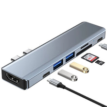 Заредете изображение във визуализатора на галерията – HUB Tech-Protect V5 7in1 2x USB-C - USB-A 3.0 / USB-A 2.0 / 2x USB-C / HDMI / micro SD / TF / SD card reader - gray
