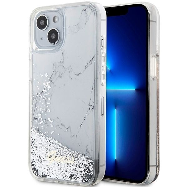 Оригинален гръб GUESS за IPHONE 13 / 14 / 15 GUHCP14SLCSGSGH (Liquid Glitter Marble) бял