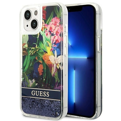 Оригинален гръб GUESS за IPHONE 13 / 14 / 15 GUHCP14SLFLSB (Flower Liquid Glitter) син