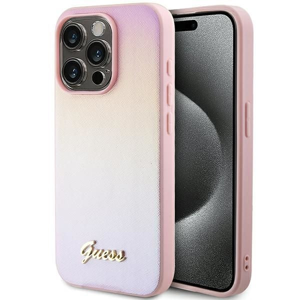 Оригинален гръб GUESS за IPHONE 15 Pro GUHCP15LPSAIRSP (Saffiano Iridescent Script) розов