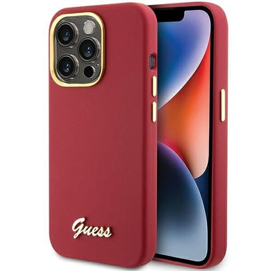 Оригинален гръб GUESS за IPHONE 15 Pro GUHCP15LSMBSLM (Silicone Script Metal Logo & Frame) магента