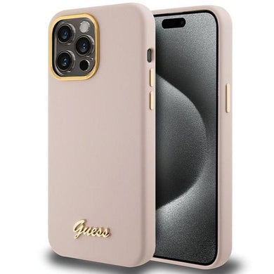 Оригинален гръб GUESS за IPHONE 15 Pro GUHCP15LSMBSLP (Silicone Script Metal Logo & Frame) розов