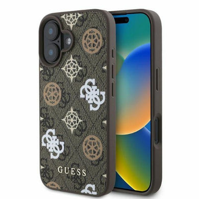 Оригинален гръб GUESS за IPHONE 16 compatible with MagSafe GUHMP16SP4PWPW (PU Peony on 4G Background) кафяв