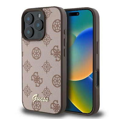 Оригинален гръб GUESS за IPHONE 16 Pro Max compatible with MagSafe GUHMP16XPGPYSW (PU Peony Script) кафяв