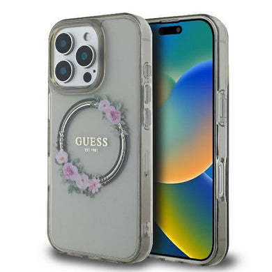 Оригинален гръб GUESS за IPHONE 16 Pro compatible with MagSafe GUHMP16LHFWFCK (IML Flowers Wreath) черен