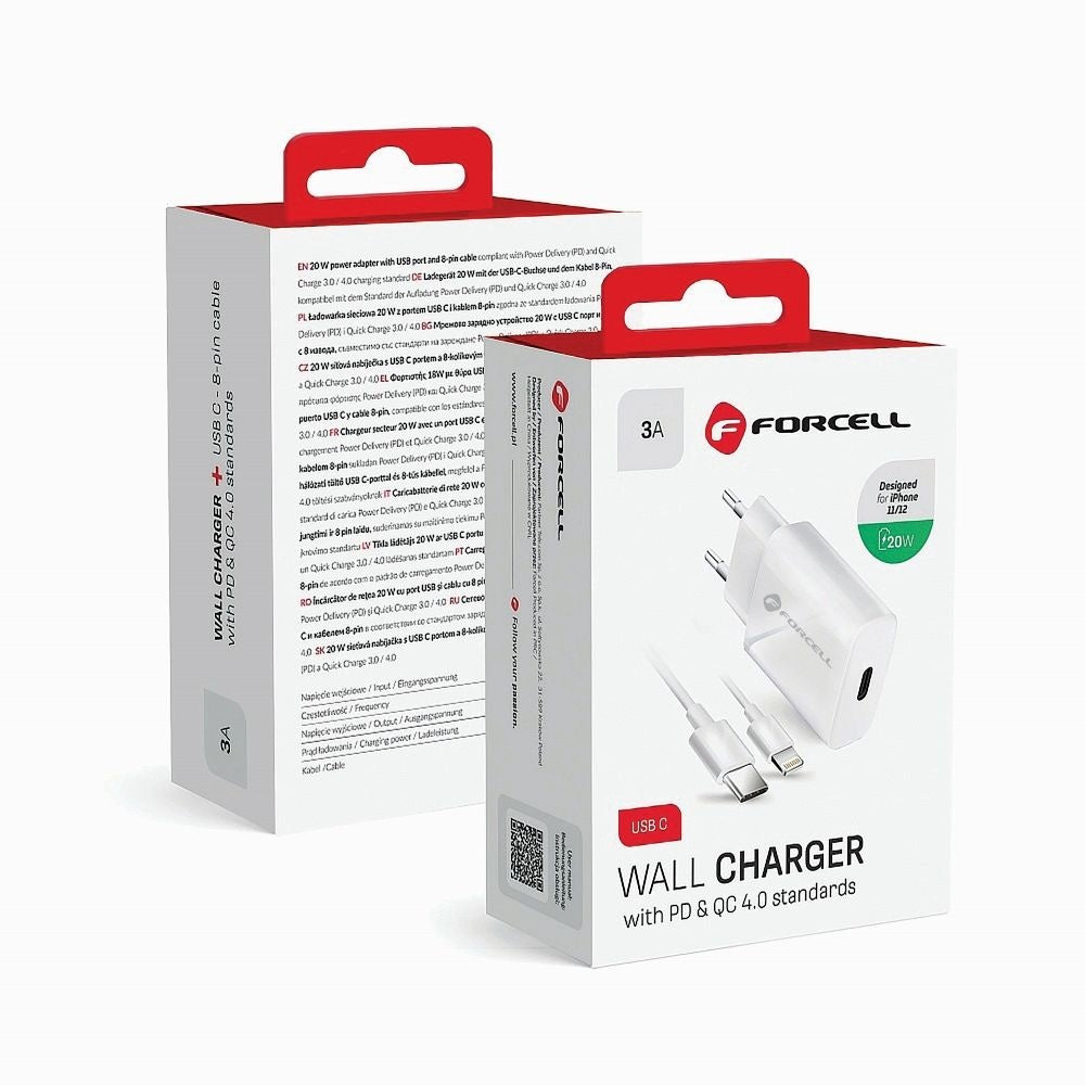 FORCELL F-ENERGY TFK-TC-20WPD зарядно за пътуване Type C + кабел Type C към Lightning PD QC4.0 3A 20W бяло