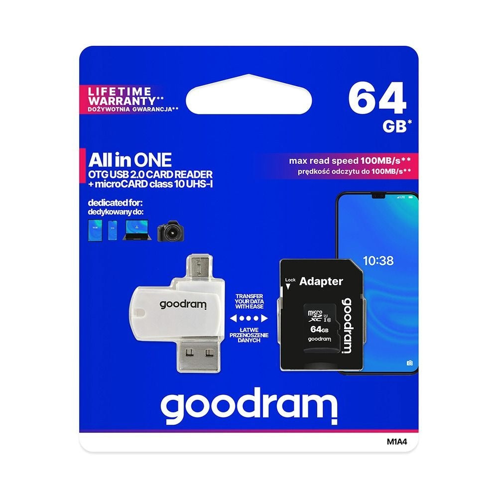 GOODRAM четец на карти USB A + Micro USB ALL IN ONE M1A4 + карта памет micro SD 64GB с адаптер SD