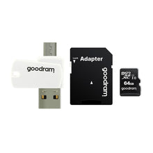 Заредете изображение във визуализатора на галерията – GOODRAM четец на карти USB A + Micro USB ALL IN ONE M1A4 + карта памет micro SD 64GB с адаптер SD
