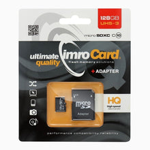 Заредете изображение във визуализатора на галерията – IMRO карта памет microSD 128GB 100MB/s клас 10 UHS 3 4K с адаптер SD
