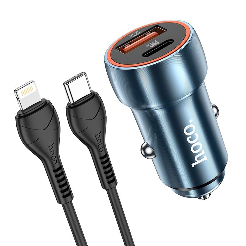 HOCO зарядно за кола USB A + Type C + кабел Type C към Lightning PD QC3.0 3A 20W Z46A сапфирено синьо