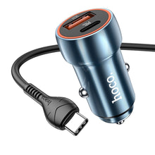 Заредете изображение във визуализатора на галерията – HOCO зарядно за кола USB A + Type C + кабел USB A към Type C PD QC3.0 3A 20W Z46A сапфирено синьо
