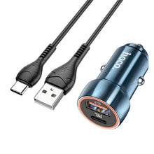Заредете изображение във визуализатора на галерията – HOCO зарядно за кола USB A + Type C + кабел USB A към Type C PD QC3.0 3A 20W Z46A сапфирено синьо
