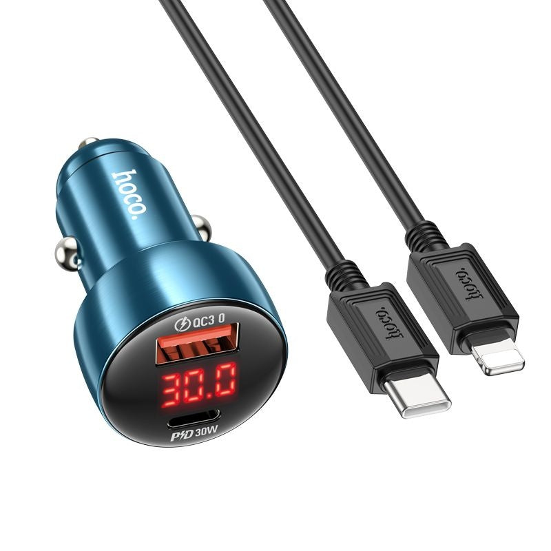 HOCO зарядно за кола USB A + Type C с цифров дисплей + кабел Type C към Lightning PD QC3.0 3A 48W Z50 метално сиво