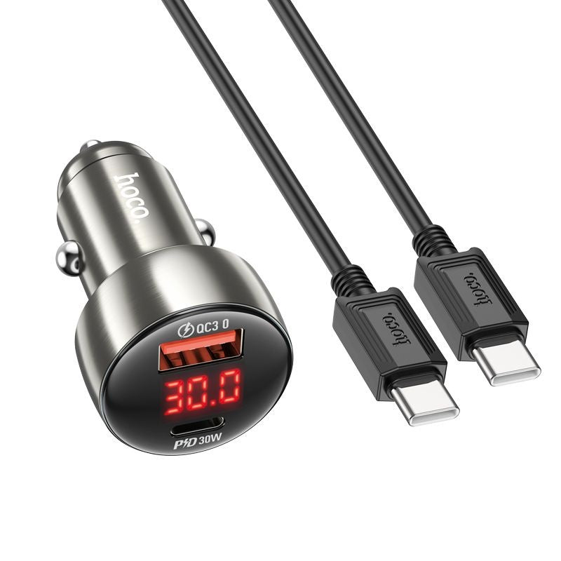 HOCO зарядно за кола USB A + Type C с цифров дисплей + кабел Type C към Type C PD QC3.0 3A 48W Z50 метално сиво