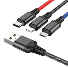 Заредете изображение във визуализатора на галерията – HOCO кабел 3в1 USB A към Lightning / Micro USB / Type C 2A X76 1 м черен / червен / син
