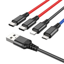 Заредете изображение във визуализатора на галерията – HOCO кабел 4в1 USB A към Lightning / Micro USB / 2 x Type C 2A X76 черен / син / червен
