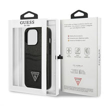 Заредете изображение във визуализатора на галерията – Оригинален гръб GUESS за IPHONE 13 Pro GUHCP13LPSATPK (Saffiano Double Card Triangle) черен
