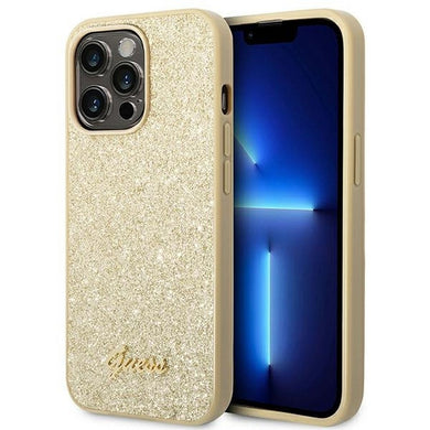 Оригинален гръб GUESS за IPHONE 14 Pro GUHCP14LHGGSHD (Glitter Flakes Script Metal Logo) златист