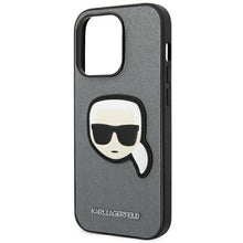 Заредете изображение във визуализатора на галерията – Оригинален гръб KARL LAGERFELD за IPHONE 14 Pro KLHCP14LSAPKHG (Saffiano With Karl Head Patch) сребрист
