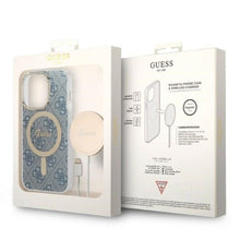 Заредете изображение във визуализатора на галерията – Комплект GUESS за IPHONE 14 Pro compatible with MagSafe GUBPP14LH4EACSB (Bundle Pack / Case + Charger / 4G) златист син
