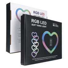 Заредете изображение във визуализатора на галерията – LED Ring Stream RGB лампа 12 инча с държач за мобилен HEART + статив JM33-13 черен
