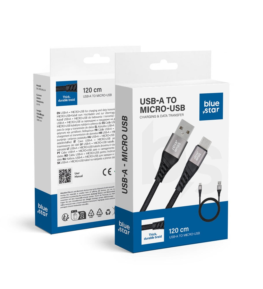 BLUE STAR плетен кабел 2A USB A към Micro USB TFK-DC-003 1,2 м черно