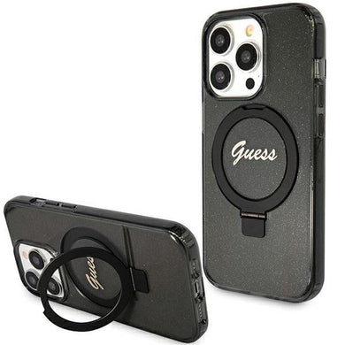 Оригинален гръб GUESS за IPHONE 15 Pro compatible with MagSafe GUHMP15LHRSGSK (Glitter Script Logo Ring stand) черен