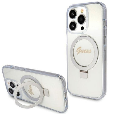 Оригинален гръб GUESS за IPHONE 15 Pro compatible with MagSafe GUHMP15LHRSGSD (Glitter Script Logo Ring stand) прозрачен