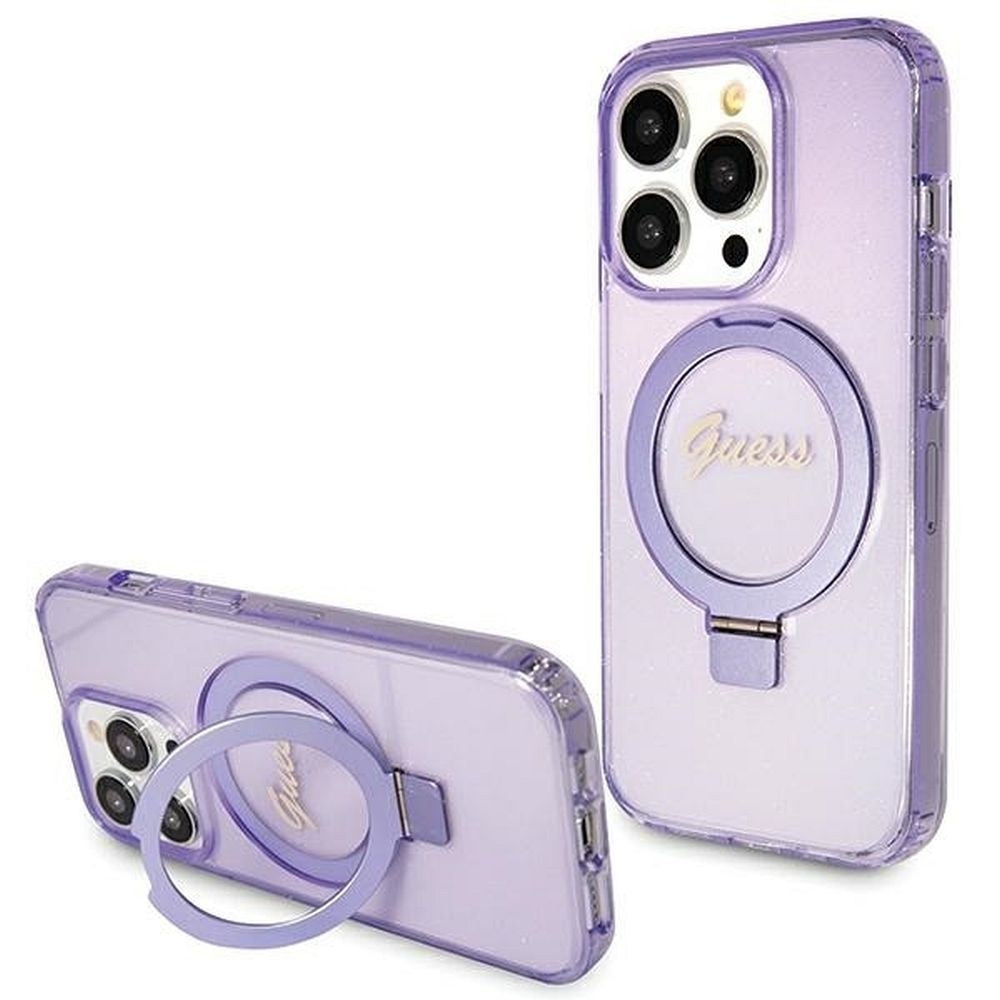 Оригинален гръб GUESS за IPHONE 15 Pro compatible with MagSafe GUHMP15LHRSGSU (Glitter Script Logo Ring stand) лилав
