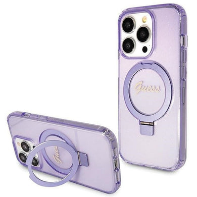 Оригинален гръб GUESS GUHMP15XHRSGSU for iPhone 15 Pro Max (Compatible with Magsafe / Glitter Script Logo / Ring stand / purple)