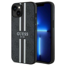 Заредете изображение във визуализатора на галерията – Оригинален гръб GUESS за IPHONE 15 compatible with MagSafe GUHMP15SP4RPSK (4G Printed Stripes) черен
