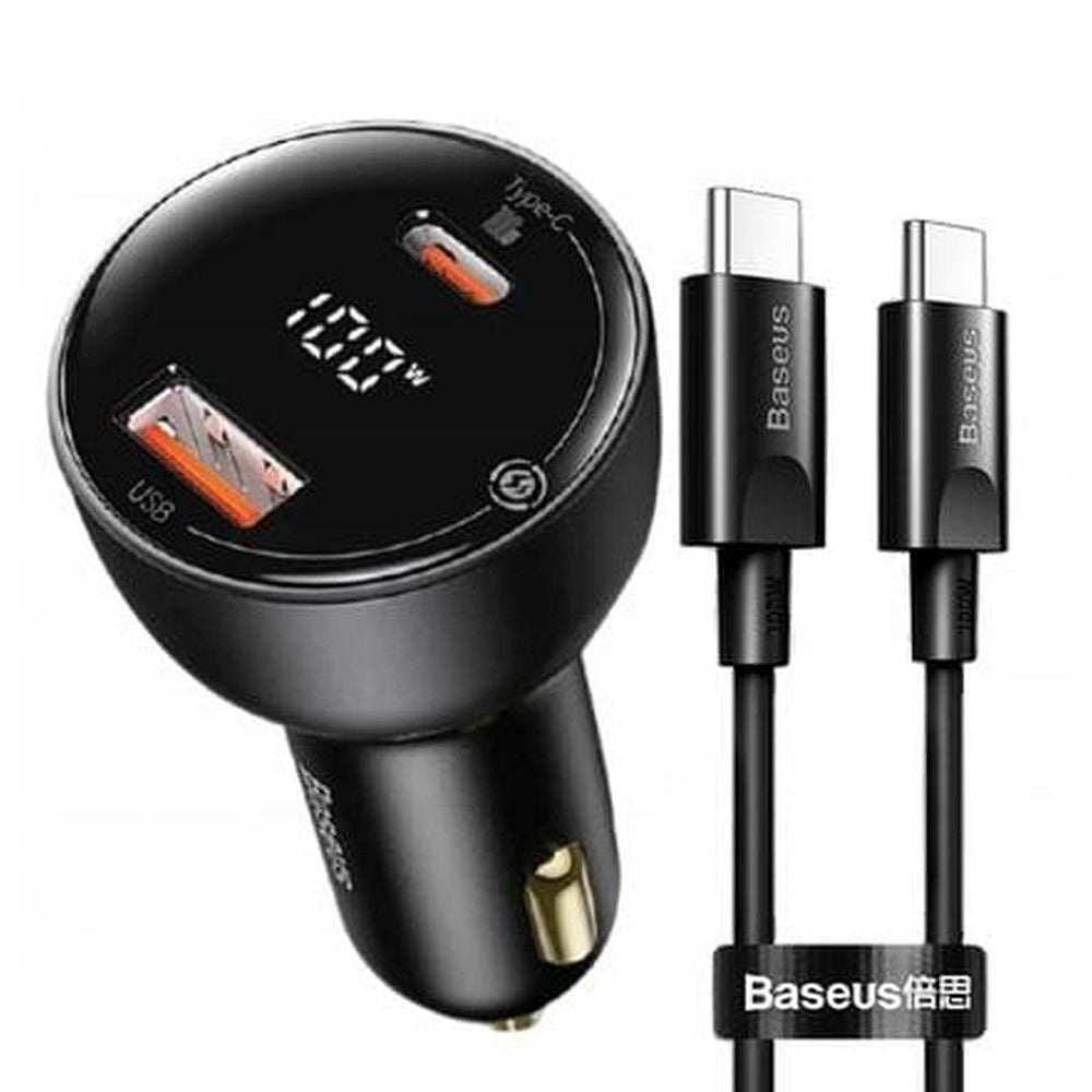 BASEUS зарядно за кола USB A + Type C с цифров дисплей + кабел Type C към Type C PD3.0 QC4.0 5A 100W TZCCZX-01 черно