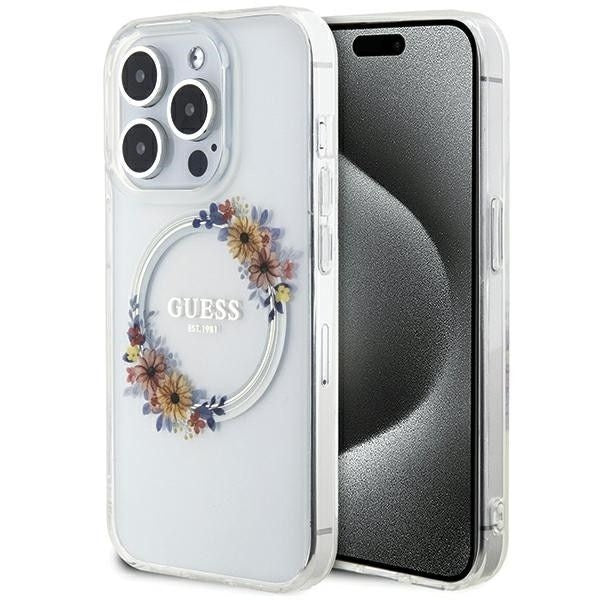 Оригинален гръб GUESS за IPHONE 15 Pro Max compatible with MagSafe GUHMP15XHFWFCT (Flowers Wreath) прозрачен