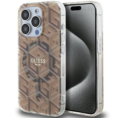 Оригинален гръб GUESS GUHMP15XHGCUSTGW for iPhone 15 Pro Max (Compatible with Magsafe / IML GCUBE / brown)