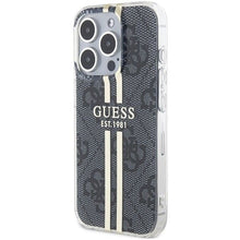 Заредете изображение във визуализатора на галерията – Оригинален гръб GUESS за IPHONE 15 Pro GUHCP15LH4PSEGK (4G Златист Stripe) черен
