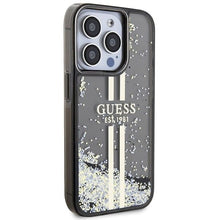 Заредете изображение във визуализатора на галерията – Оригинален гръб GUESS за IPHONE 15 Pro Max GUHCP15XLFCSEGK (Liquid Glitter Златист Stripes) черен

