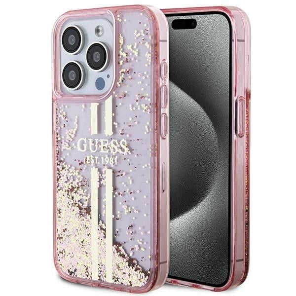 Оригинален гръб GUESS за IPHONE 15 Pro GUHCP15LLFCSEGP (Liquid Glitter Златист Stripes) розов