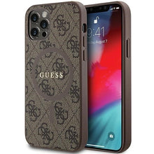 Заредете изображение във визуализатора на галерията – Оригинален гръб GUESS за IPHONE 12 / 12 Pro compatible with MagSafe GUHMP12MG4GFRW (4G Ring classic logo) кафяв
