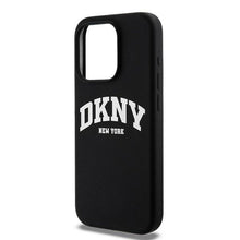 Заредете изображение във визуализатора на галерията – DKNY калъф за IPHONE 15 Pro съвместим с MagSafe DKHMP15LSNYACH (DKNY HC MagSafe Силикон с бял арков логотип) черен
