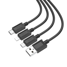 Заредете изображение във визуализатора на галерията – HOCO кабел 3в1 USB A към Lightning / Micro USB / Type C 2A X76 1 м черен
