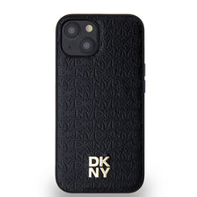 Заредете изображение във визуализатора на галерията – DKNY калъф за IPHONE 14 съвместим с MagSafe DKHMP14SPSHRPSK (DKNY HC MagSafe Pu Повторен модел с логотип) черен
