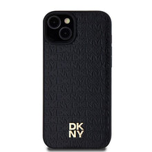 Заредете изображение във визуализатора на галерията – DKNY калъф за IPHONE 15 съвместим с MagSafe DKHMP15SPSHRPSK (DKNY HC MagSafe Pu Повторен модел с логотип) черен
