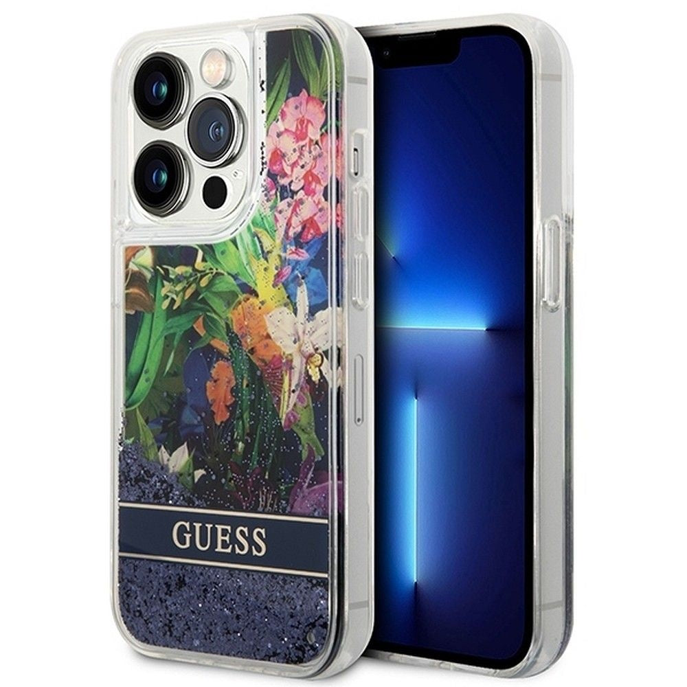 Оригинален гръб GUESS за IPHONE 14 Pro GUHCP14LLFLSB (Flower Liquid Glitter) син