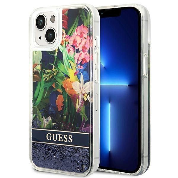 Оригинален гръб GUESS за IPHONE 13 / 14 / 15 GUHCP14SLFLSB (Flower Liquid Glitter) син