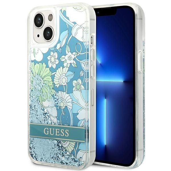 Оригинален гръб GUESS за IPHONE 13 / 14 / 15 GUHCP14SLFLSN (Flower Liquid Glitter) зелен