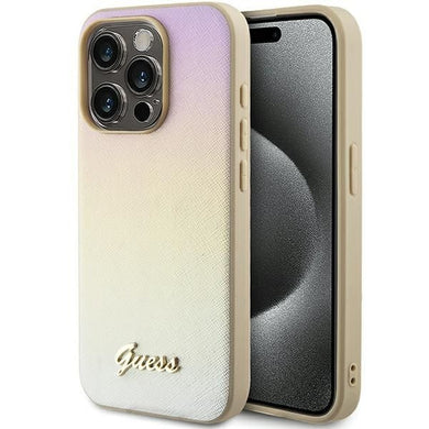 Оригинален гръб GUESS за IPHONE 15 Pro GUHCP15LPSAIRSD (Saffiano Iridescent Script) златист