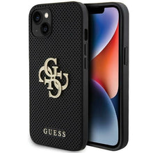 Заредете изображение във визуализатора на галерията – Оригинален гръб GUESS за IPHONE 13 / 14 / 15 GUHCP15SPSP4LGK (Leather Perforated 4G Glitter Logo) черен
