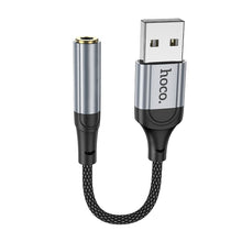 Заредете изображение във визуализатора на галерията – HOCO адаптер AUX USB A (мъжки) към Jack 3,5 мм (женски) LS36 0,12 м черен
