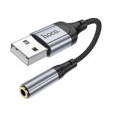 Заредете изображение във визуализатора на галерията – HOCO адаптер AUX USB A (мъжки) към Jack 3,5 мм (женски) LS36 0,12 м черен
