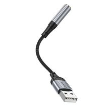 Заредете изображение във визуализатора на галерията – HOCO адаптер AUX USB A (мъжки) към Jack 3,5 мм (женски) LS36 0,12 м черен
